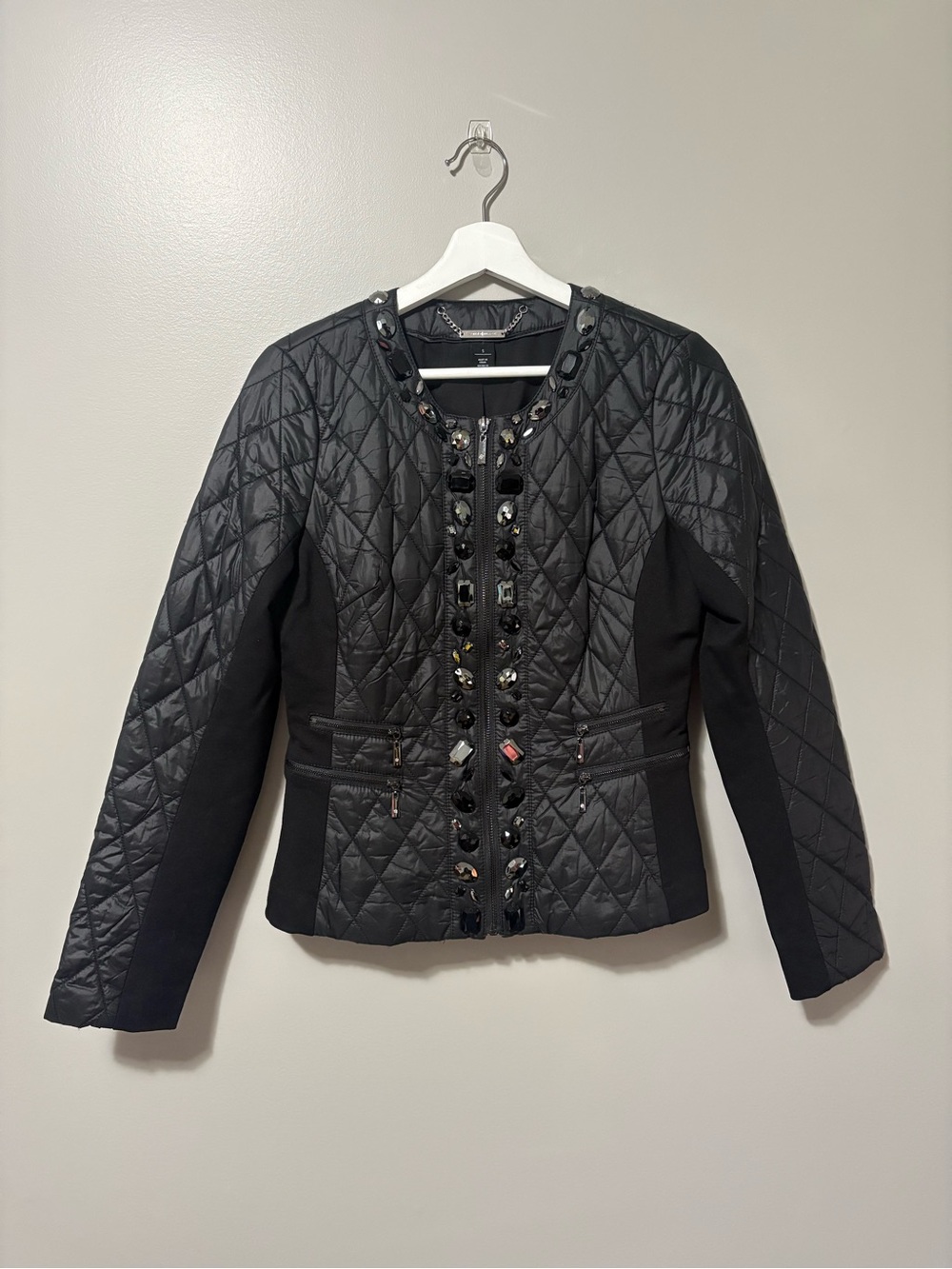 White House Black Market Embellished Quilted Jacket Black Full Zip Waist Length